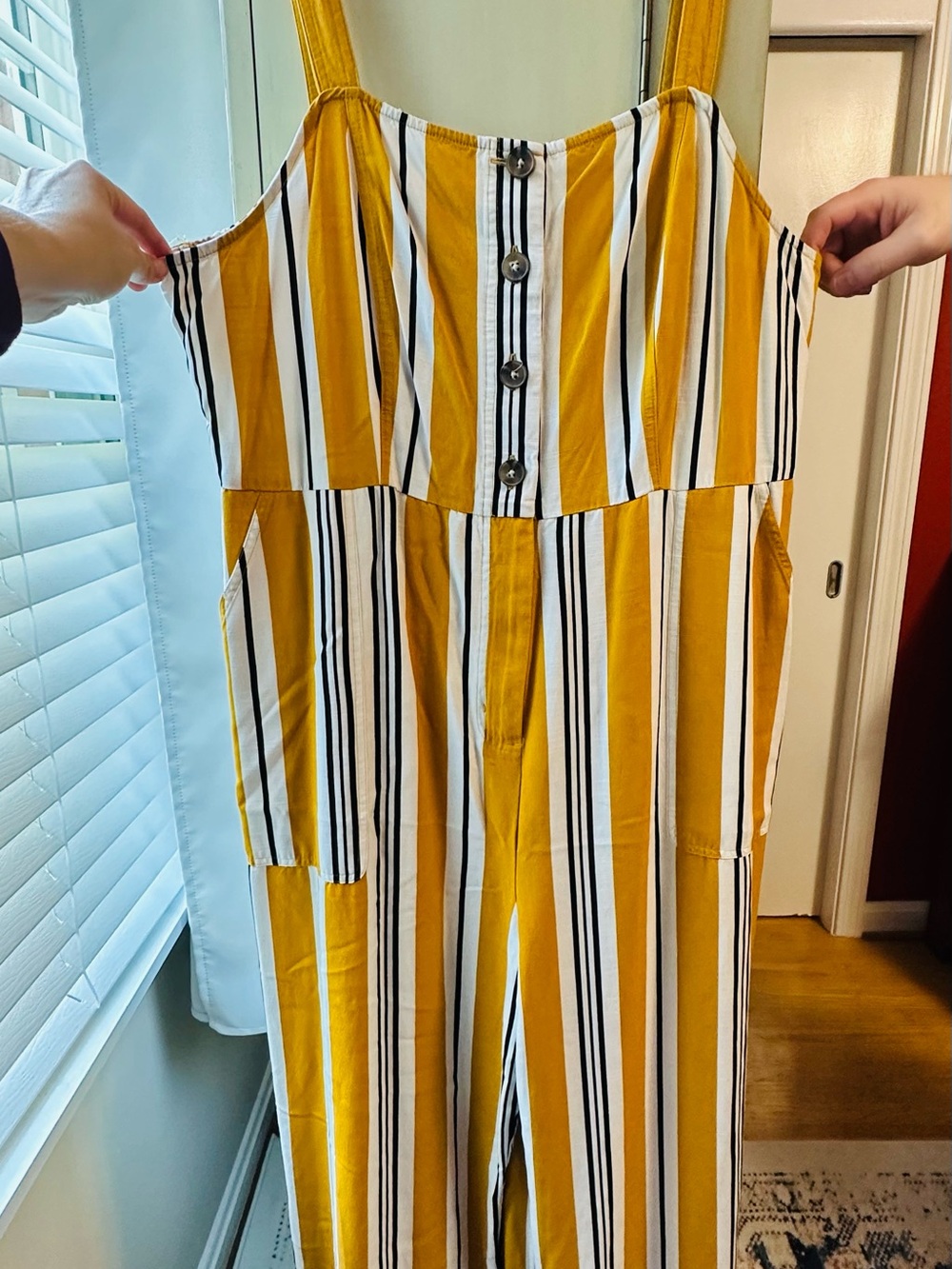 Nine West Striped Yellow Wide-Leg Jumpsuit with Button Front